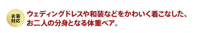 ウェディングドレスや和装などをかわいく着こなした、お二人の分身となる体重ベア。
