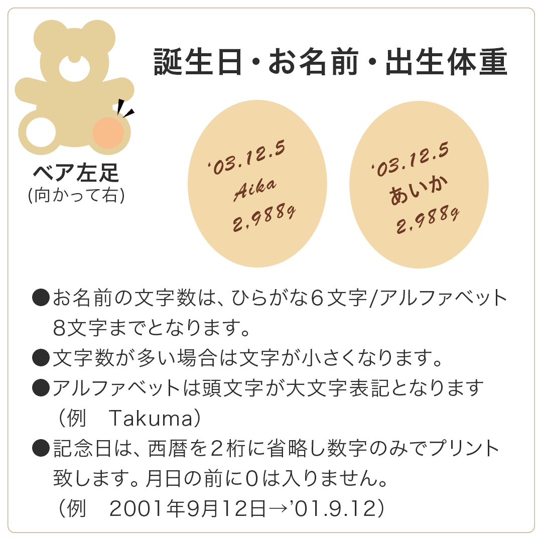 ベア左足には誕生日・お名前・出生体重をお入れします。