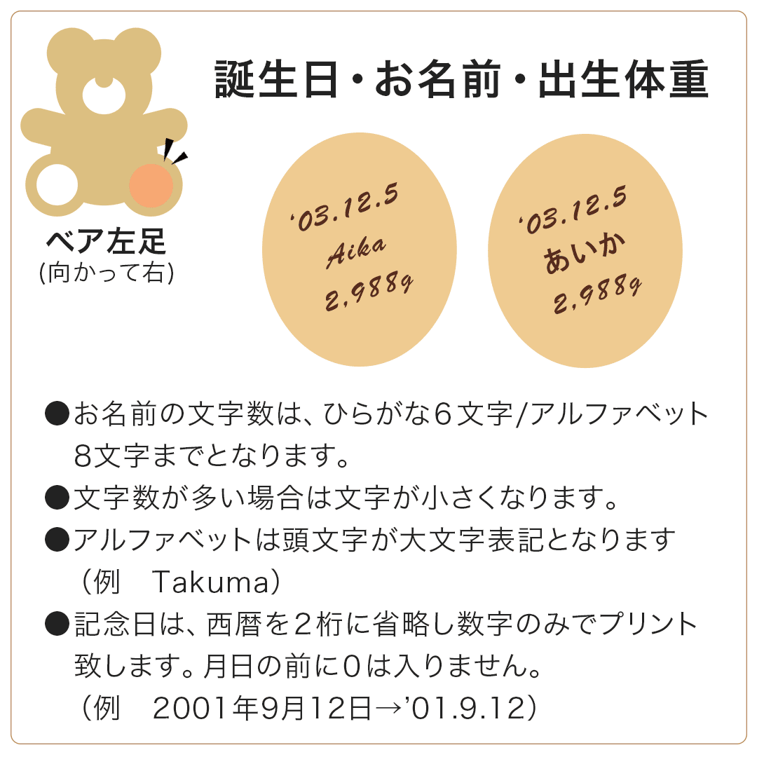 ベア左足には誕生日・お名前・出生体重をお入れします。