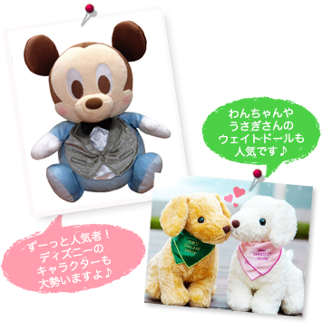 ずーっと人気者！ディズニーのキャラクターも大勢いますよ♪わんちゃんやうさぎさんのウェイトドールも人気です♪