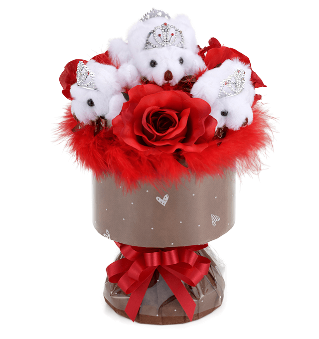 くまブーケ自立型：エレガントローズ（赤色のバラの造花3本付き）