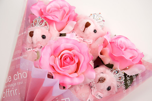 チビ束：ジュリエット（ピンク色のバラの造花3本付き）