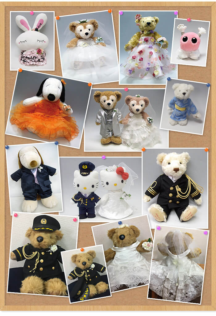 お客様からお持ち込みいただいたぬいぐるみに、実際に衣装を着せた例です