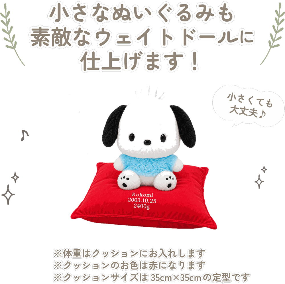 ポチャッコの小さなぬいぐるみも素敵なウェイトドールに仕上げます！