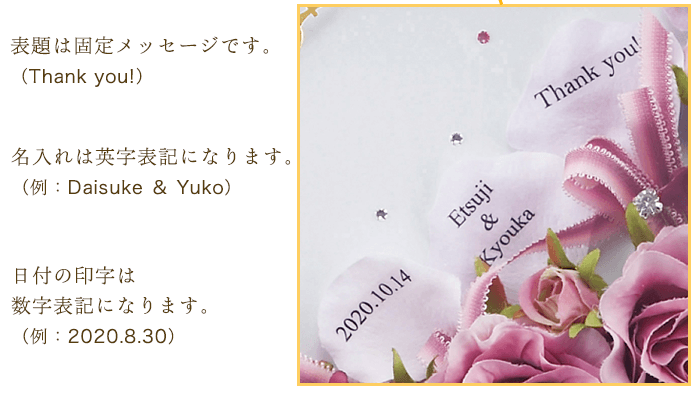 表題は固定メッセージ、名入れは英字表記、日付は数字表記です