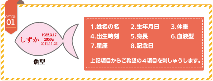 オプションの魚型への刺しゅう項目について