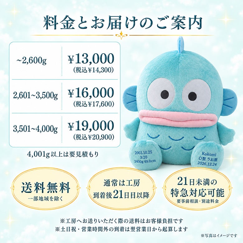 ハンギョドンのウェイトドール 料金とお届けのご案内