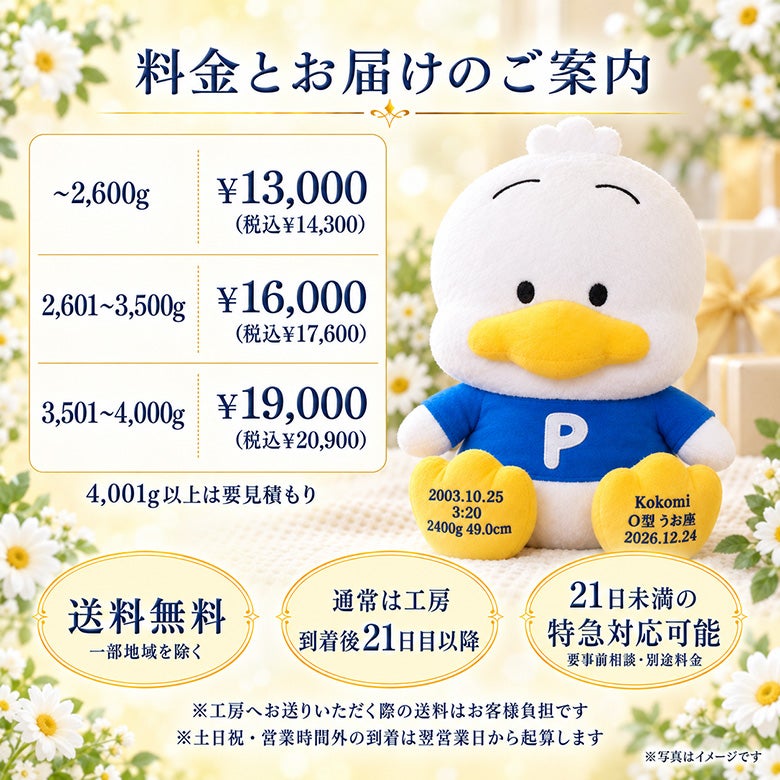 ペックルのウェイトドール 料金とお届けのご案内