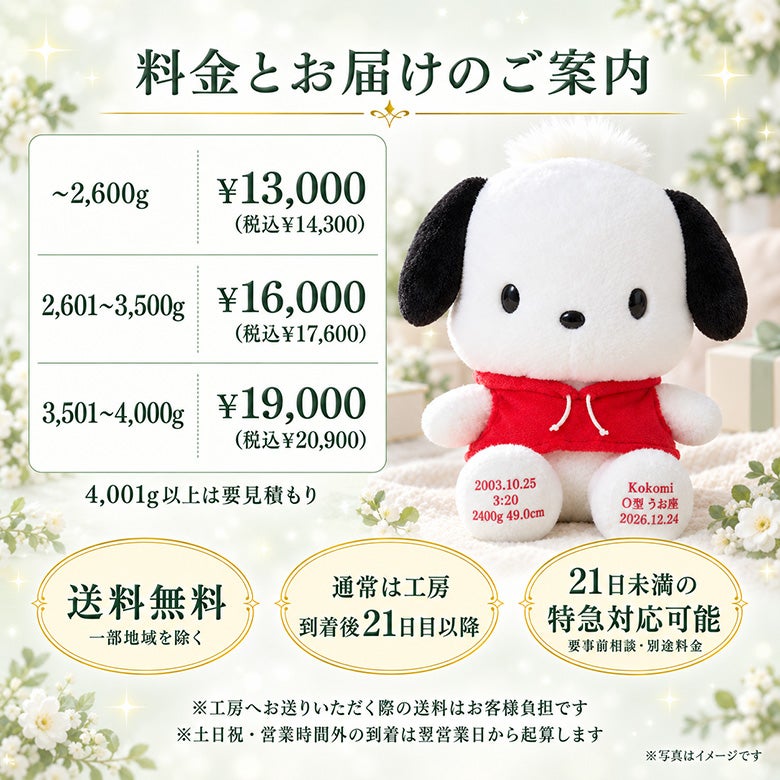 ポチャッコのウェイトドール 料金とお届けのご案内