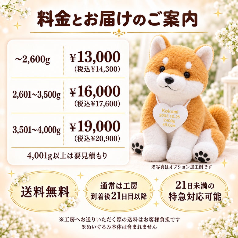 柴犬のウェイトドール 料金とお届けのご案内