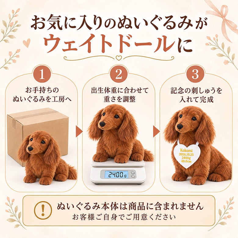 あなたのダックスフンドのぬいぐるみがウェイトドールに変身