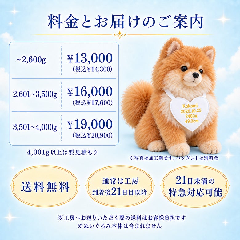 ポメラニアンのウェイトドール 料金とお届けのご案内