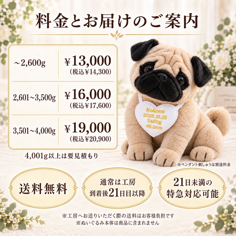 パグのウェイトドール 料金とお届けのご案内