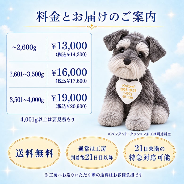シュナウザーのウェイトドール 料金とお届けのご案内