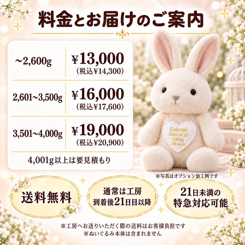 うさぎのウェイトドール 料金とお届けのご案内