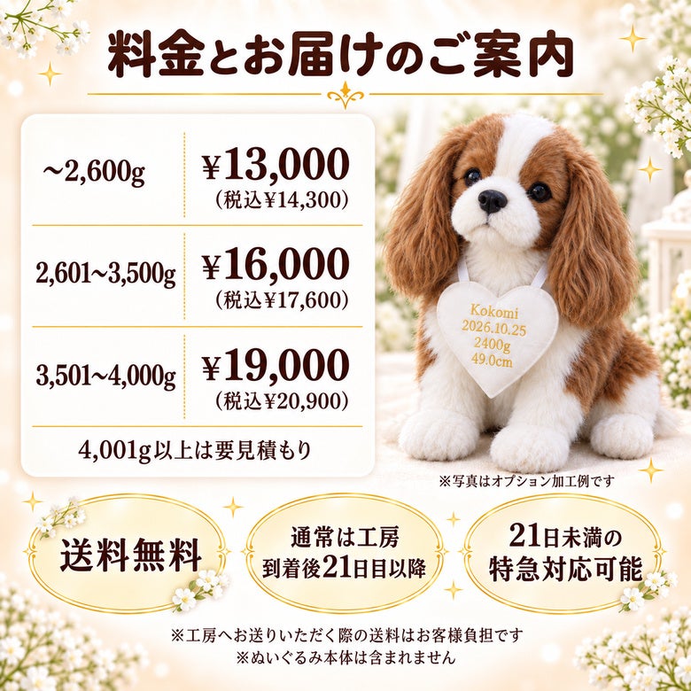 キャバリアのウェイトドール 料金とお届けのご案内