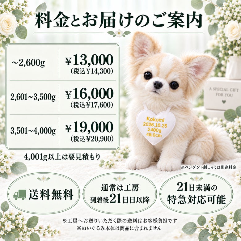チワワのウェイトドール 料金とお届けのご案内