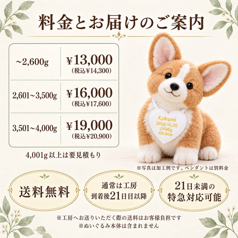 コーギーのウェイトドール 料金とお届けのご案内