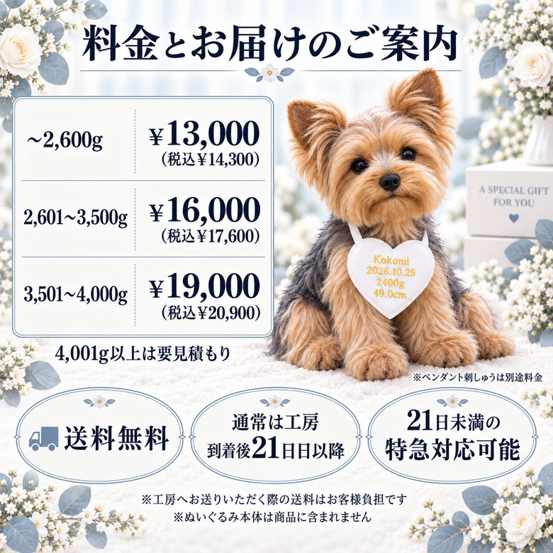 ヨークシャーテリアのウェイトドール 料金とお届けのご案内