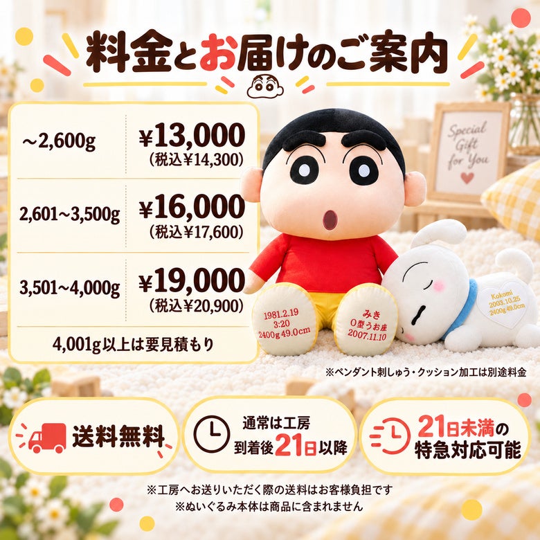 クレヨンしんちゃんのウェイトドール 料金とお届けのご案内