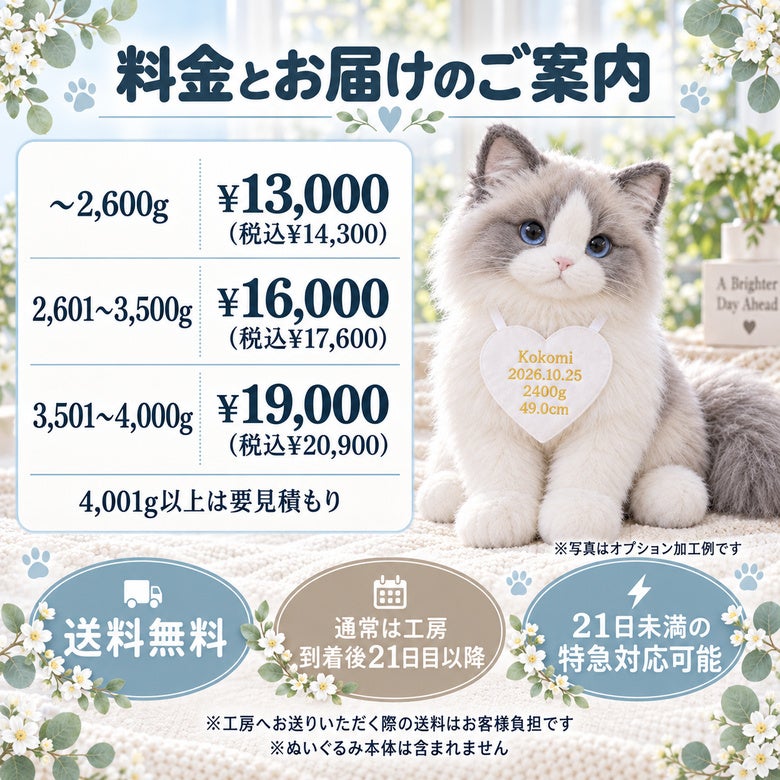 猫のウェイトドール 料金とお届けのご案内