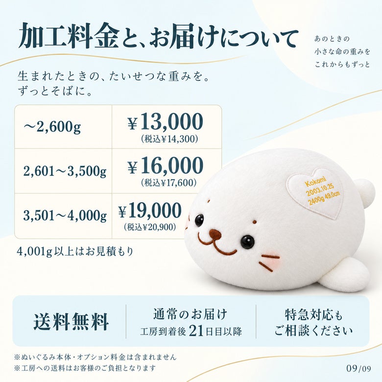 しろたんのウェイトドール 加工料金とお届けについて
