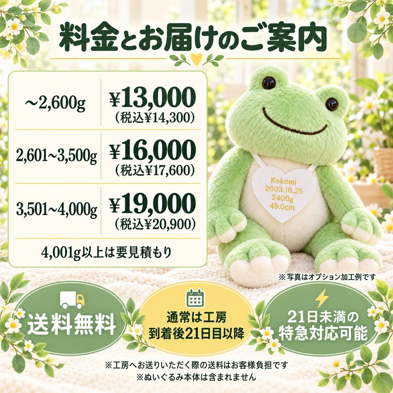 かえるのウェイトドール 料金とお届けのご案内