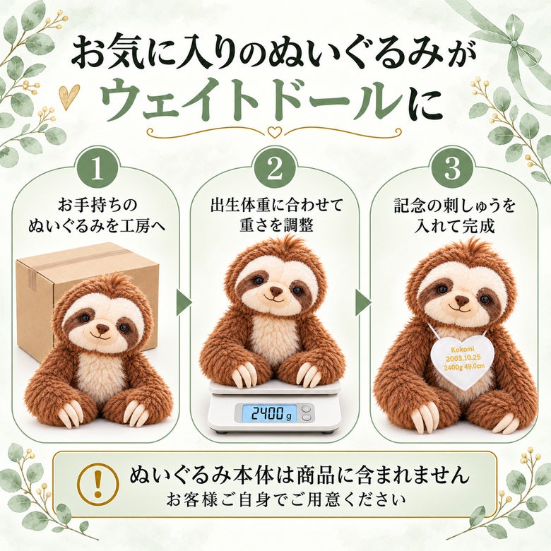 あなたのなまけもののぬいぐるみがウェイトドールに変身
