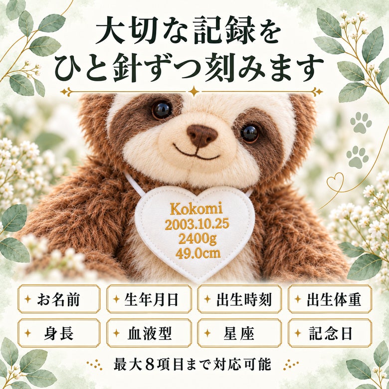なまけもののウェイトドール 刺しゅうできる項目
