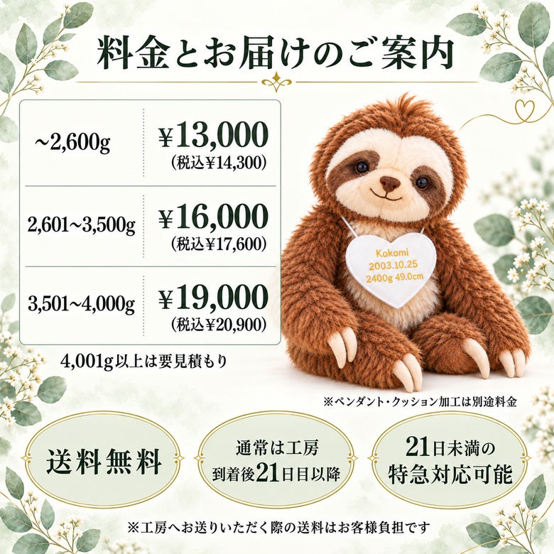 なまけもののウェイトドール 料金とお届けのご案内